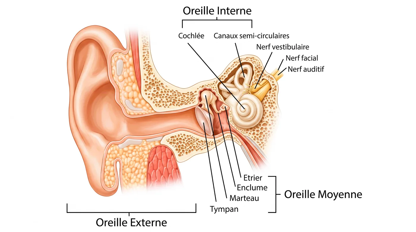Schéma de l'oreille en coupe : oreille externe (pavillon et conduit auditif), oreille moyenne (tympan, marteau, enclume, étrier) et oreille interne (cochlée, canaux semi-circulaires, nerfs auditif, vestibulaire et facial)